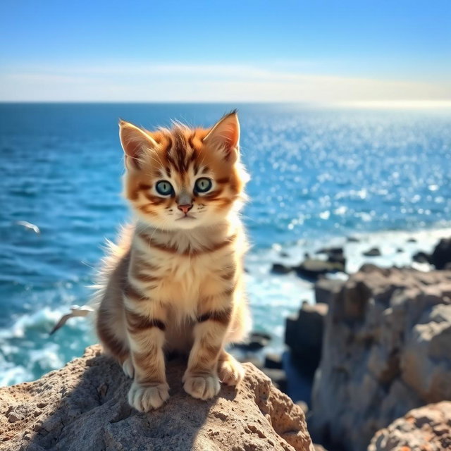 A cute fluffy kitten sitting down on a rocky cliff, facing a beautiful shimmering sea under a clear blue sky