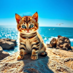 A cute fluffy kitten sitting down on a rocky cliff, facing a beautiful shimmering sea under a clear blue sky
