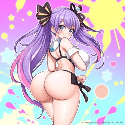 An anime girl with an exaggeratedly large backside and large breasts, showcasing curves in a stylish pose
