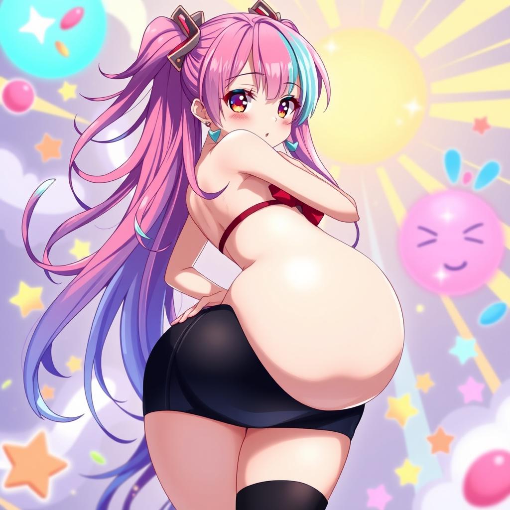 An anime girl with an exaggeratedly large backside and large breasts, showcasing curves in a stylish pose