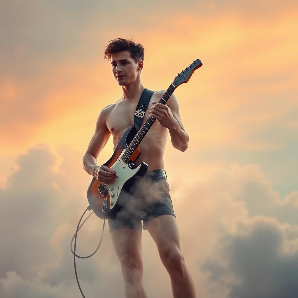 A male figure holding an electric guitar, slowly dissolving into the air as if being transformed into vapor
