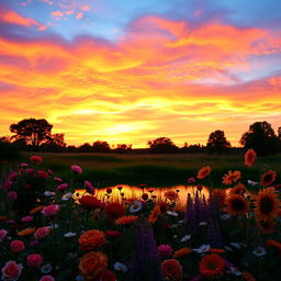 A stunning sunset view with vibrant hues of orange, pink, and purple filling the sky, casting a warm glow over a lush array of flowers in full bloom
