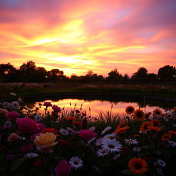 A stunning sunset view with vibrant hues of orange, pink, and purple filling the sky, casting a warm glow over a lush array of flowers in full bloom