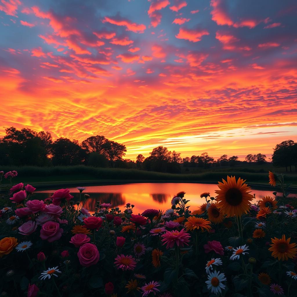 A stunning sunset view with vibrant hues of orange, pink, and purple filling the sky, casting a warm glow over a lush array of flowers in full bloom