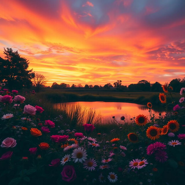 A stunning sunset view with vibrant hues of orange, pink, and purple filling the sky, casting a warm glow over a lush array of flowers in full bloom