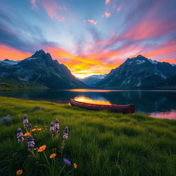 A serene mountain landscape at sunset, featuring a calm lake reflecting the vibrant colors of the sky