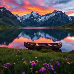 A serene mountain landscape at sunset, featuring a calm lake reflecting the vibrant colors of the sky