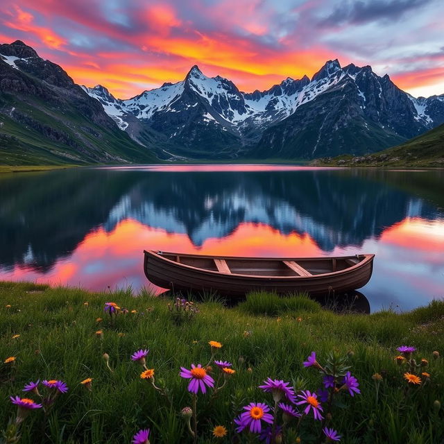 A serene mountain landscape at sunset, featuring a calm lake reflecting the vibrant colors of the sky