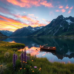 A serene mountain landscape at sunset, featuring a calm lake reflecting the vibrant colors of the sky