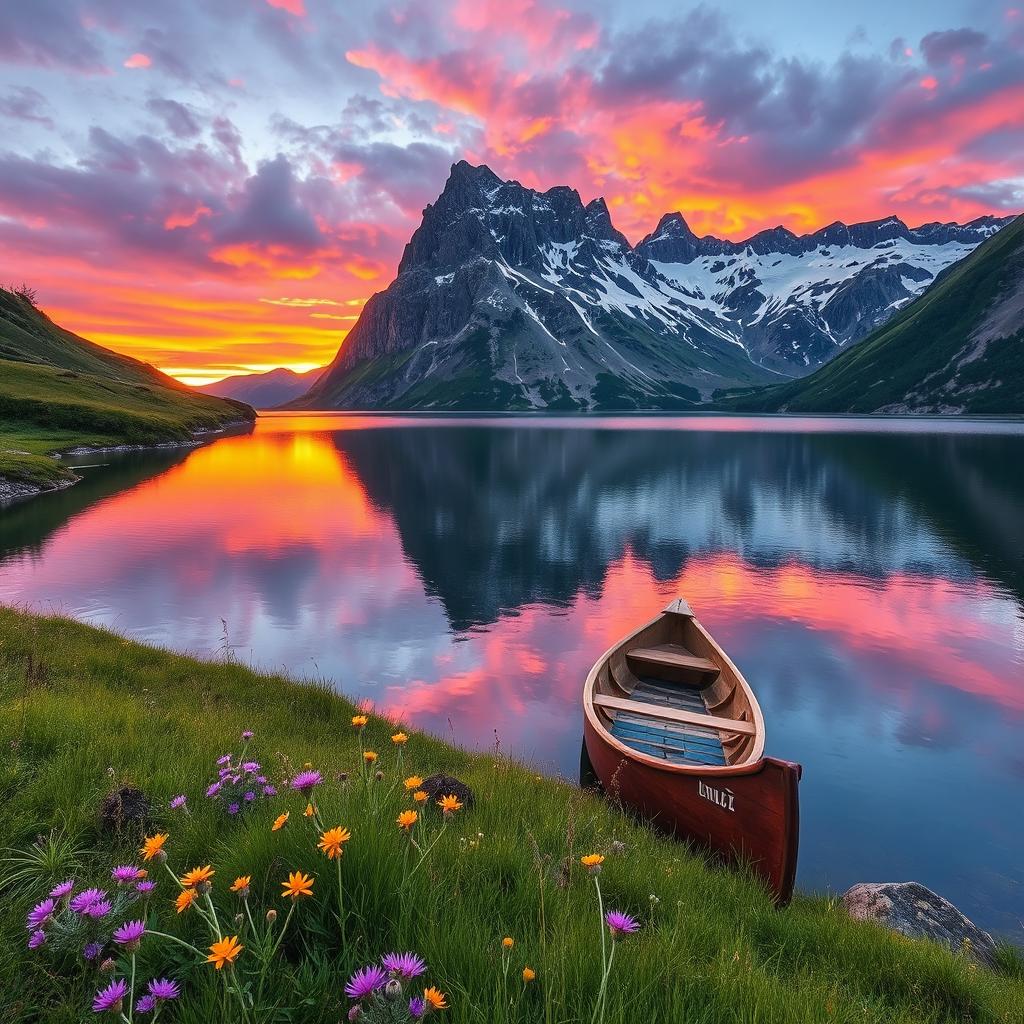 A serene mountain landscape at sunset, featuring a calm lake reflecting the vibrant colors of the sky