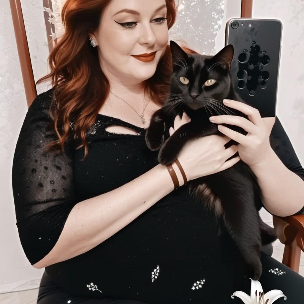 transform this woman into an angel with her black cat on her lap and add white lilies to the image