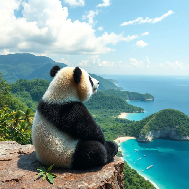 A cute panda sitting down on a cliff, peacefully gazing out at a beautiful sea and lush jungle scenery