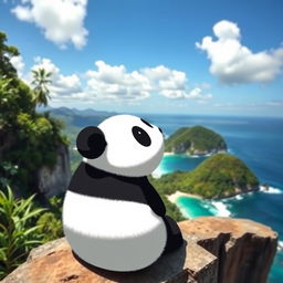 A cute panda sitting down on a cliff, peacefully gazing out at a beautiful sea and lush jungle scenery