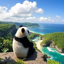 A cute panda sitting down on a cliff, peacefully gazing out at a beautiful sea and lush jungle scenery