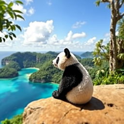 A cute panda sitting down on a cliff, peacefully gazing out at a beautiful sea and lush jungle scenery