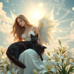 A serene scene depicting a woman transformed into an angel, radiating celestial light with elegant white feathered wings