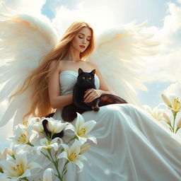 A serene scene depicting a woman transformed into an angel, radiating celestial light with elegant white feathered wings
