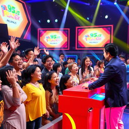 A vibrant scene from a popular game show in the Philippines, featuring enthusiastic contestants engaged in a lively challenge