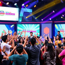 A vibrant scene from a popular game show in the Philippines, featuring enthusiastic contestants engaged in a lively challenge