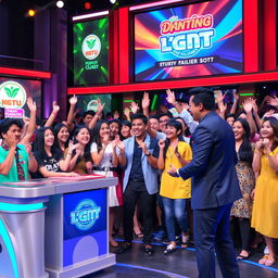 A vibrant scene from a popular game show in the Philippines, featuring enthusiastic contestants engaged in a lively challenge