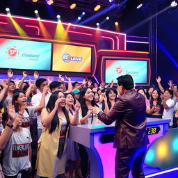 A vibrant scene from a popular game show in the Philippines, featuring enthusiastic contestants engaged in a lively challenge
