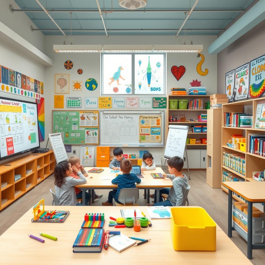 A vibrant and engaging classroom scene showcasing a variety of didactic resources, such as colorful charts, interactive whiteboards, educational toys, and books neatly arranged on shelves