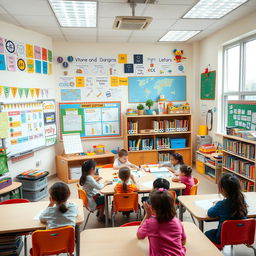 A vibrant and engaging classroom scene showcasing a variety of didactic resources, such as colorful charts, interactive whiteboards, educational toys, and books neatly arranged on shelves