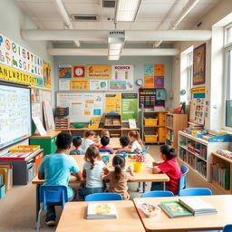 A vibrant and engaging classroom scene showcasing a variety of didactic resources, such as colorful charts, interactive whiteboards, educational toys, and books neatly arranged on shelves