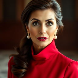 A beautiful 45-year-old woman, elegantly dressed in a rich red outfit, stands facing the camera with a surprised expression on her face