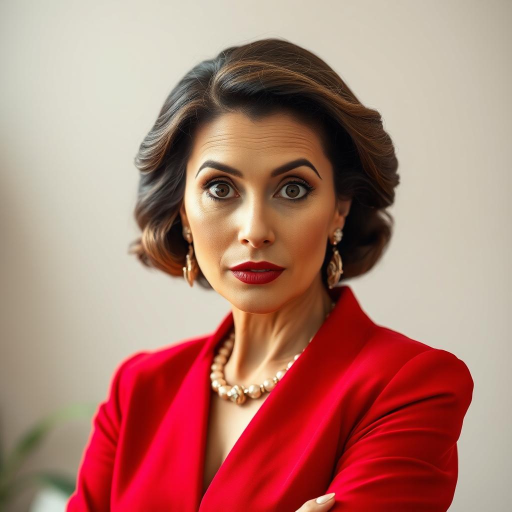 A beautiful 45-year-old woman, elegantly dressed in a rich red outfit, stands facing the camera with a surprised expression on her face