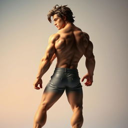 A figure of a muscular man posing confidently, turned to the right but with his body flipped to show a different perspective