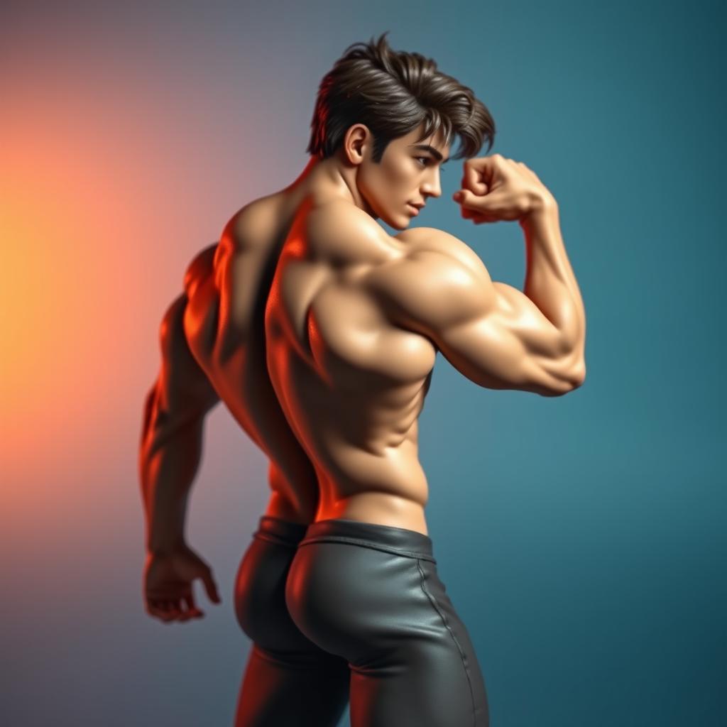 A figure of a muscular man posing confidently, turned to the right but with his body flipped to show a different perspective