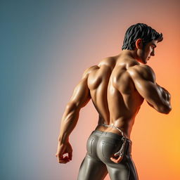 A figure of a muscular man posing confidently, turned to the right but with his body flipped to show a different perspective