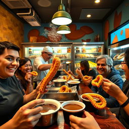 A cozy and inviting churro restaurant, featuring a vibrant interior with colorful murals of churros and chocolate