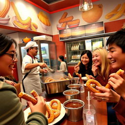 A cozy and inviting churro restaurant, featuring a vibrant interior with colorful murals of churros and chocolate