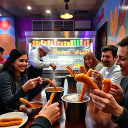 A cozy and inviting churro restaurant, featuring a vibrant interior with colorful murals of churros and chocolate