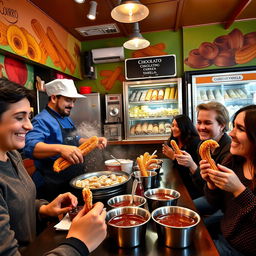 A cozy and inviting churro restaurant, featuring a vibrant interior with colorful murals of churros and chocolate
