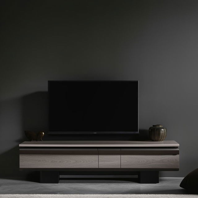 A sleek, modern TV unit with ample storage space, finished in a rich dark wood. The unit is well-lit, highlighting the detailing.