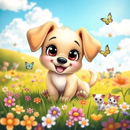 A cute cartoon puppy with big expressive eyes, floppy ears, and a happy wagging tail