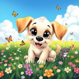 A cute cartoon puppy with big expressive eyes, floppy ears, and a happy wagging tail