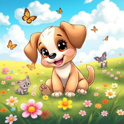 A cute cartoon puppy with big expressive eyes, floppy ears, and a happy wagging tail