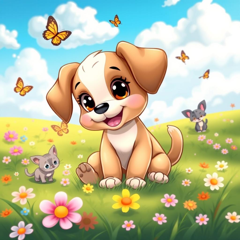 A cute cartoon puppy with big expressive eyes, floppy ears, and a happy wagging tail