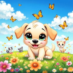 A cute cartoon puppy with big expressive eyes, floppy ears, and a happy wagging tail