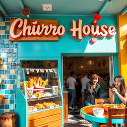 A charming and vibrant churro shop named 'Churro House', featuring a cozy and inviting interior
