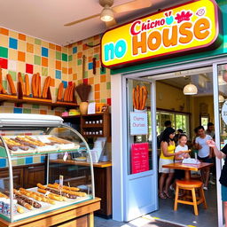 A charming and vibrant churro shop named 'Churro House', featuring a cozy and inviting interior