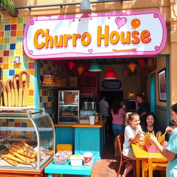 A charming and vibrant churro shop named 'Churro House', featuring a cozy and inviting interior