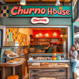 A charming and vibrant churro shop named 'Churro House', featuring a cozy and inviting interior