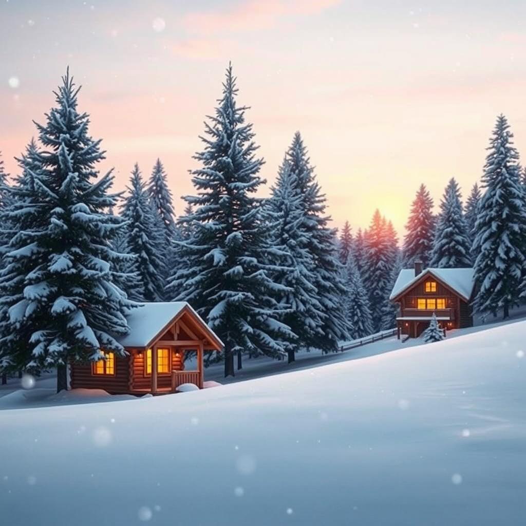 A beautiful winter-themed image featuring a serene snowy landscape with gently falling snowflakes