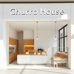 A minimalistic churro shop named 'Churro House', featuring a sleek and contemporary design