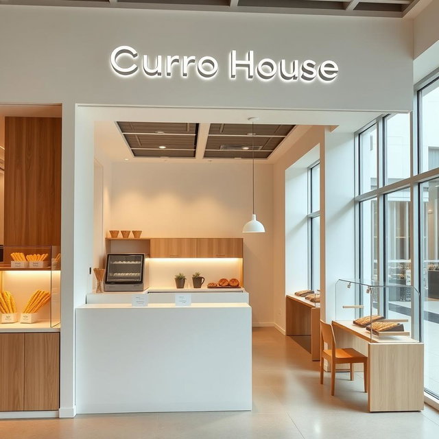 A minimalistic churro shop named 'Churro House', featuring a sleek and contemporary design